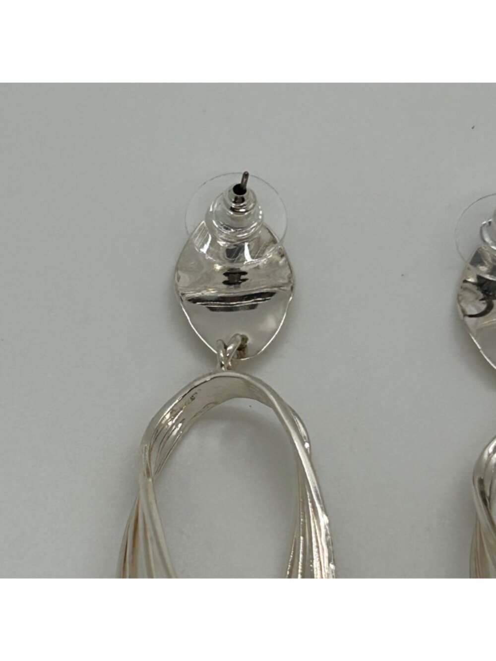 Silver Tone Geometric Dangle Earrings Layered Oval Twisted Hoop Design 2.5 inch - Picture 8 of 11